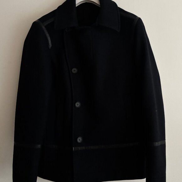 $800 AllSaints Salter Navy Wool Pea Coat Leather Trim- Medium - Picture 5 of 14
